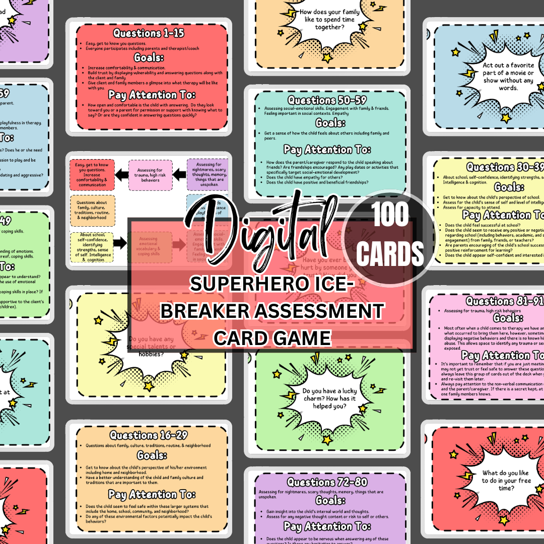 DIGITAL SuperHero Ice-Breaker Game | Play Therapy Intake Assessment Card Game for Child and Family | Diagnostic Tool